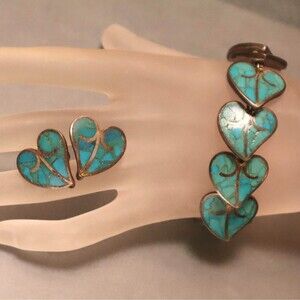 Sterling Turquoise Bracelet Earrings Set Mosaic Heart Leaves Mexican ?